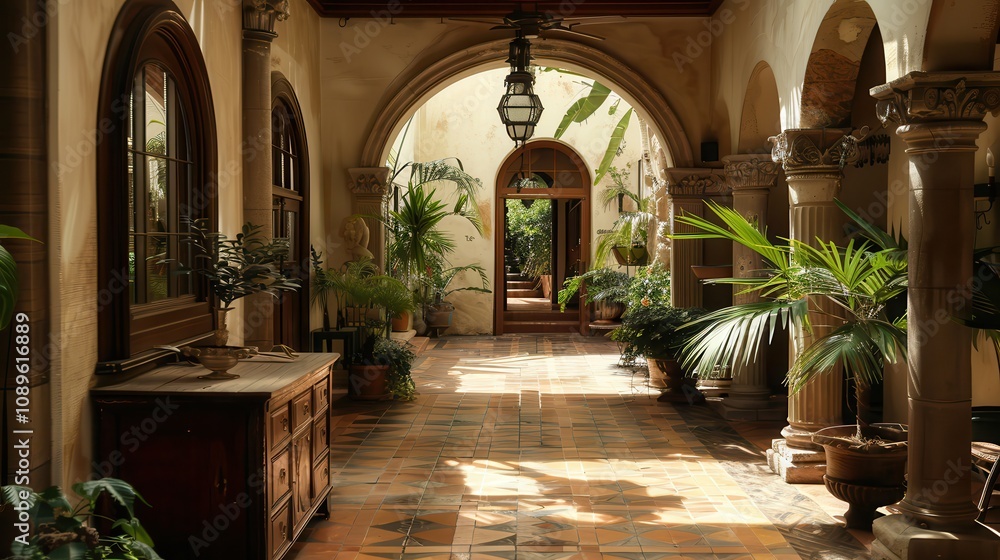 climate change typhoon and rainfall. Serene indoor garden corridor