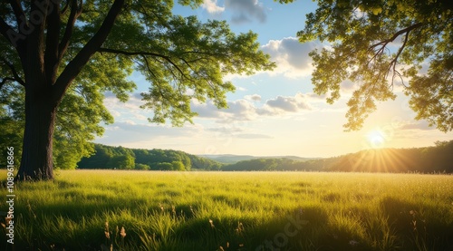 Sunset over a serene green meadow