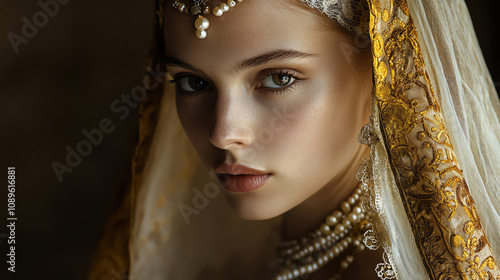 Noblewoman in medieval attire pearl jewelry and veil regal pose rich lighting indoors photo