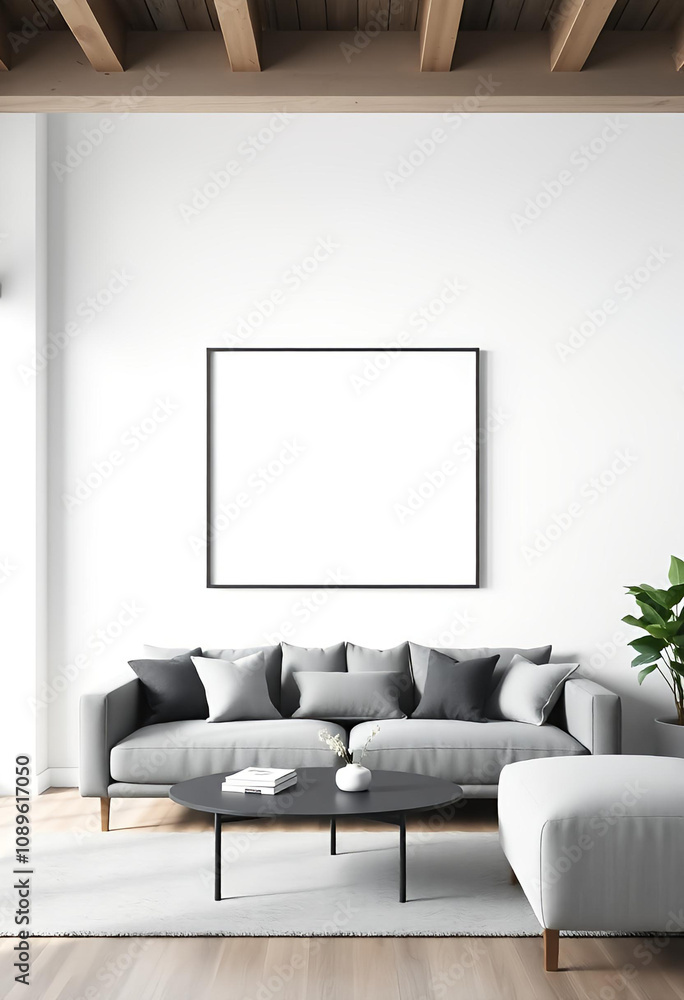 Empty Picture Frame on a White Wall in a Scandinavian-Style Living Room Empty Picture Frame on a White Wall in a Scandinavian-Style Living Room