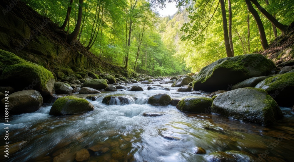 Serene river flowing through lush greenery Serene river flowing through lush greenery