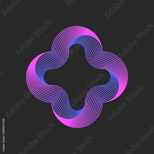 Abstract geometric cross logo pattern with vibrant pink and blue wavy thin lines forming a geometric floral-inspired smooth shape, dynamic gradient hues on dark background.