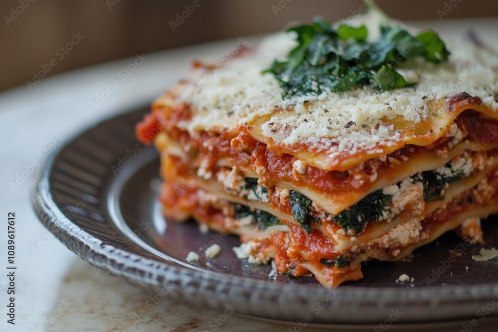A plate of warm lasagna with fresh spinach and melted cheese, perfect for comfort food or Italian-inspired cuisine A plate of warm lasagna with fresh spinach and melted cheese, perfect for comfort food or Italian-inspired cuisine