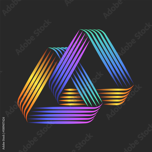 Two overlapping triangles logo vibrant geometric optical illusion with colorful twisted thin parallel lines forming an infinite triangular shape, dynamic stripes gradient hues on dark background.