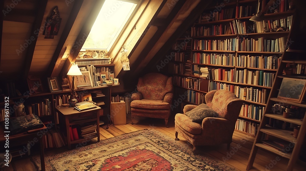 Cozy attic reading room with armchairs, bookshelves, and natural light. Cozy attic reading room with armchairs, bookshelves, and natural light.