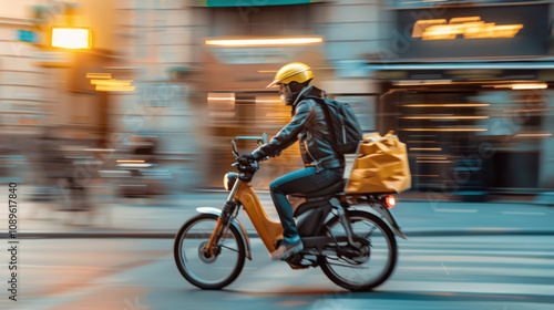 A man in a yellow helmet rides a scooter down a busy street