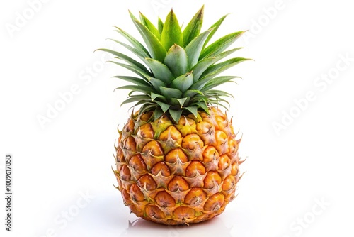 Juicy single ripe pineapple showcased on a pristine white background, ideal for enhancing culinary dishes and beverages with its sweet, tangy flavor and vibrant color.