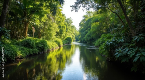 Lush green river in serene nature
