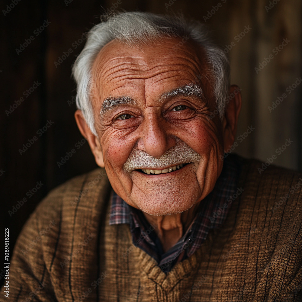 Obraz premium Elderly man smiling warmly in a rustic setting with soft lighting