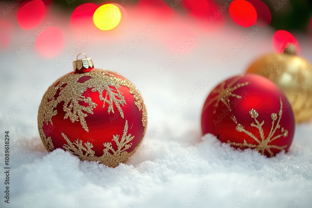 Red Christmas balls with golden patterns in snow, festive lights Red Christmas balls with golden patterns in snow, festive lights