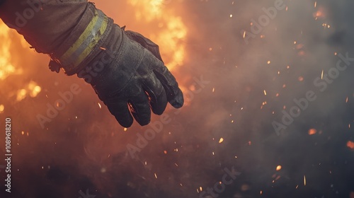 A gloved hand of a firefighter reaches for a hose nozzle, surrounded by smoke and flames