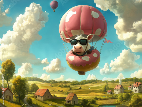 An absurd scene of a cow wearing sunglasses flying a hot air balloon shaped like a donut over a cartoon countryside photo