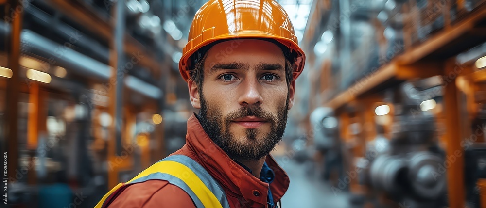 Worker in hard hat and safety vest observing a large industrial plant, complex machinery in the background Worker in hard hat and safety vest observing a large industrial plant, complex machinery in the background