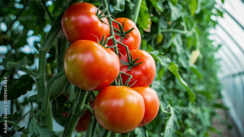 Ripe tomatoes on a vine ready for harvest in a greenhouse Ripe tomatoes on a vine ready for harvest in a greenhouse