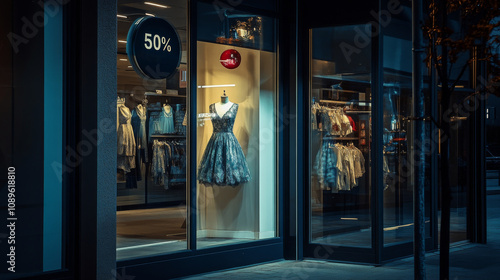 Wallpaper Mural Retail store promotion, text:" 50% discount on dresses" on window  Torontodigital.ca