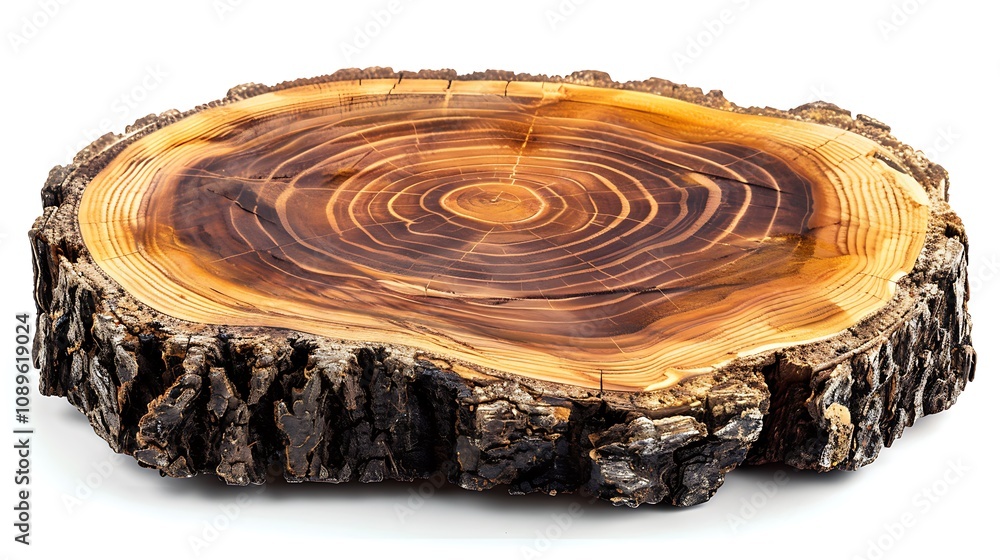A polished wooden slice showcasing natural grain patterns, ideal for serving or decoration. A polished wooden slice showcasing natural grain patterns, ideal for serving or decoration.