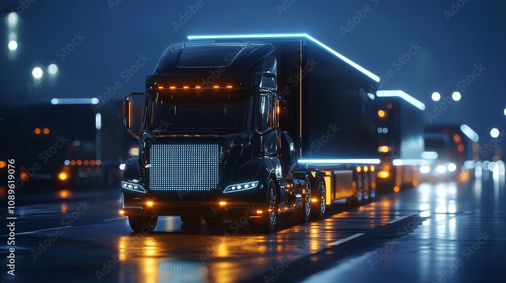 Nighttime transport action city highway trucking industry urban environment dynamic viewpoint modern logistics concepts Nighttime transport action city highway trucking industry urban environment dynamic viewpoint modern logistics concepts