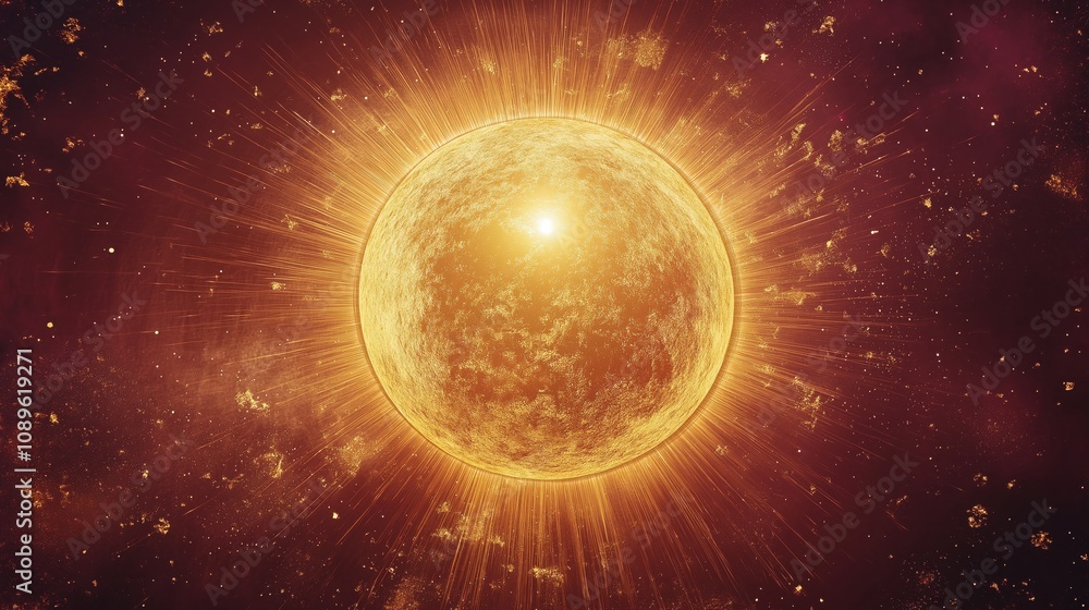 Fototapeta premium A radiant golden sun emitting light and energy in a cosmic background.