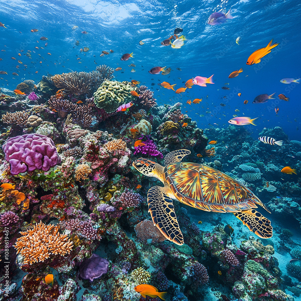 Obraz premium Colorful coral reef teeming with marine life and a turtle gliding above