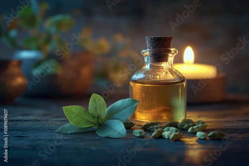 aromatherapy setup, on a dark wooden table, a bottle of cardamom oil, fresh cardamom sprig, scented candle, with free space in background photo