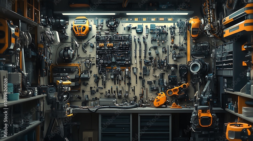 Packed workshop wall with various tools and parts. Packed workshop wall with various tools and parts.