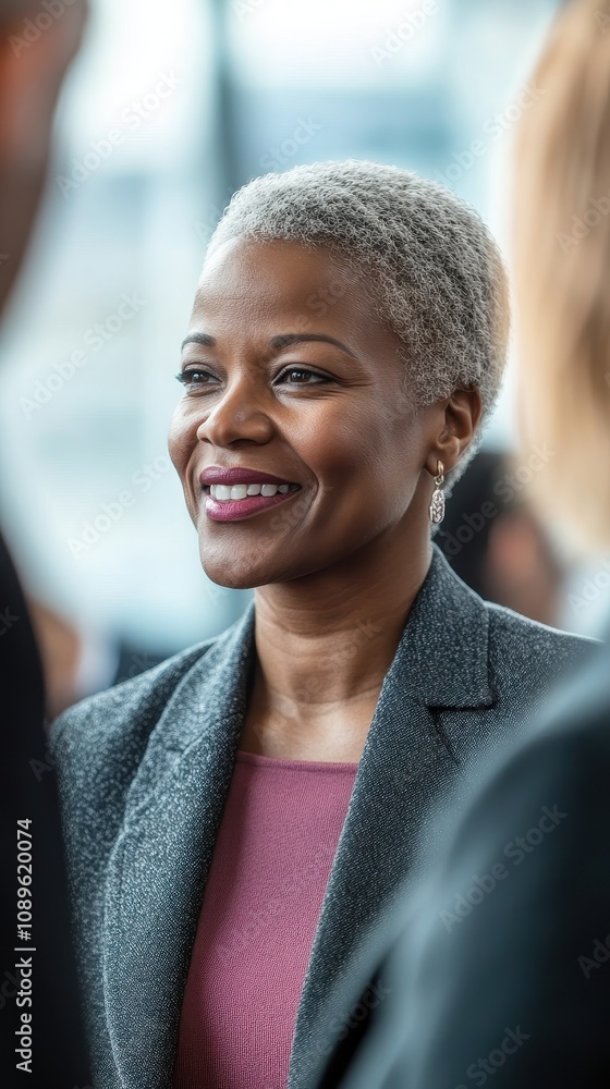 Confident African American woman engages warmly with job fair attendees, inspiring careers Confident African American woman engages warmly with job fair attendees, inspiring careers