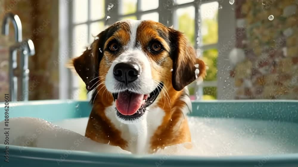 A joyful dog splashing around in a soapy bath indoors. An exuberant pup is caught mid-shake, water droplets flying, in a soap-filled bathtub. Adopt a shelter Pet Day. Panorama with copy space.