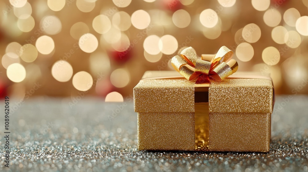 A shimmering gold gift box with a bow sits on a sparkling surface, surrounded by a warm, festive bokeh background. A shimmering gold gift box with a bow sits on a sparkling surface, surrounded by a warm, festive bokeh background.