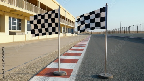 Two checkered flags at a racetrack signaling the finish line.