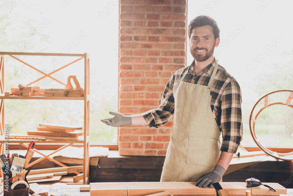 Photo of successful master man showing his final model sofa result wood shop advertisement personalized furniture for your home Photo of successful master man showing his final model sofa result wood shop advertisement personalized furniture for your home