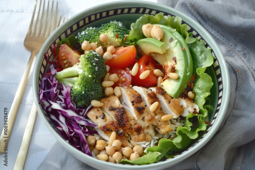 A bowl of cooked chicken accompanied by steamed broccoli and green beans