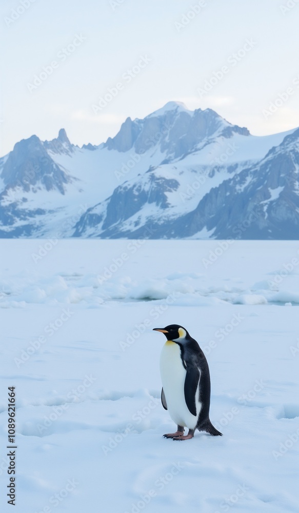Fototapeta premium Emperor penguin standing on ice with snowy mountains in the background 