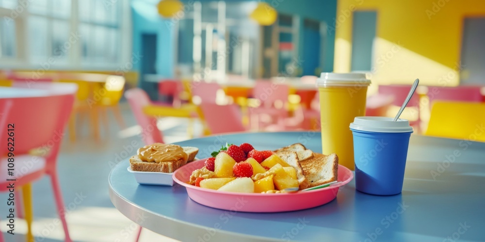 A colorful breakfast scene featuring a vibrant dining area. Fresh fruits and pastries are served on a plate. Bright chairs and ambient lighting create a cheerful atmosphere. AI
