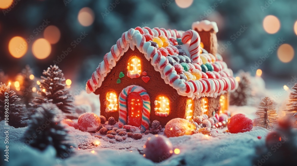 Illuminated Gingerbread House Winter Wonderland Scene Illuminated Gingerbread House Winter Wonderland Scene