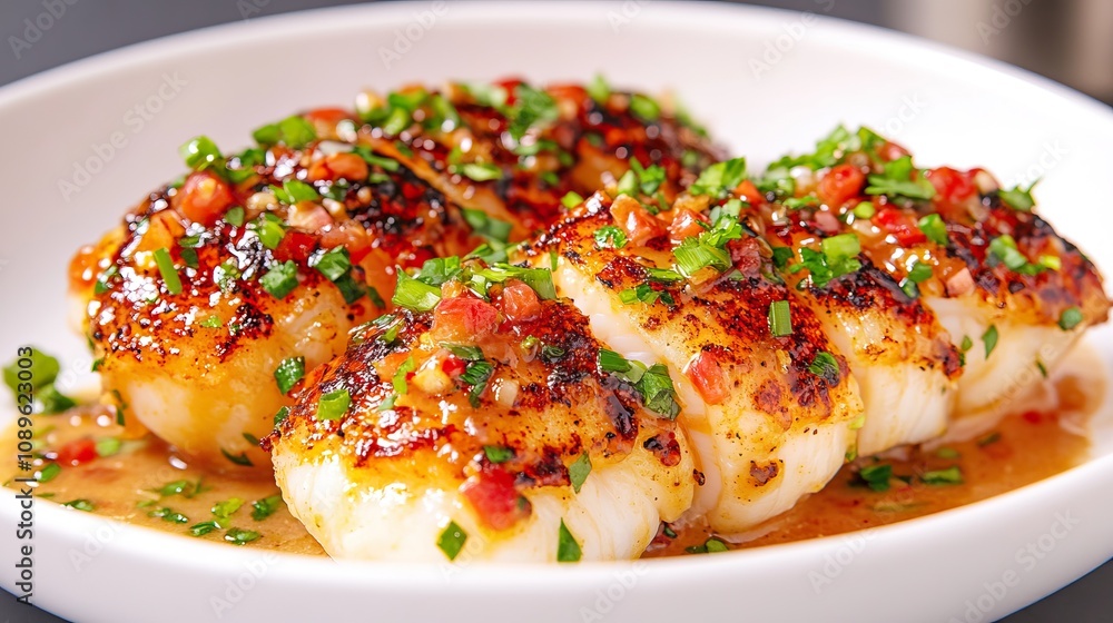 A beautifully plated dish featuring golden-brown fish fillets, garnished with herbs and spices in a savory sauce. A beautifully plated dish featuring golden-brown fish fillets, garnished with herbs and spices in a savory sauce.
