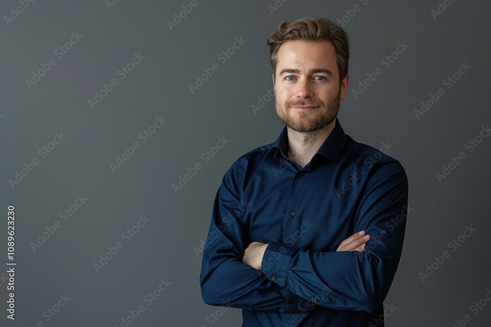 A person standing with their arms crossed, set against a neutral gray backdrop A person standing with their arms crossed, set against a neutral gray backdrop