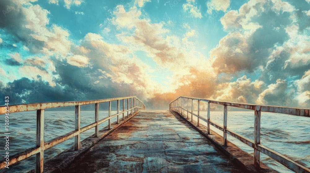 Fototapeta premium A scenic view of a pier extending into the ocean with calm waters and clear blue sky