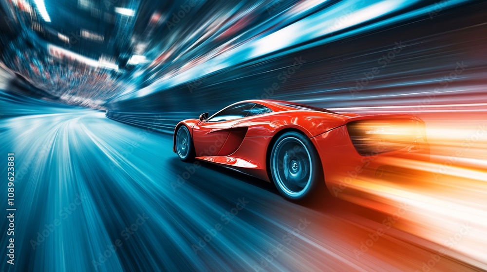 Naklejka premium Red sports car speeding through city at night.