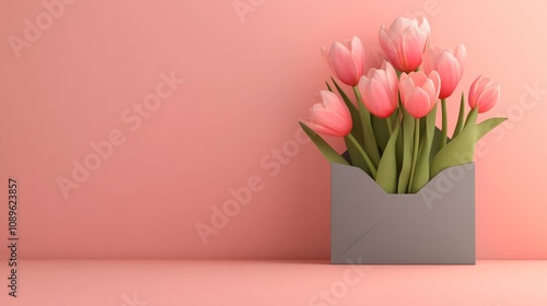 Pink tulips in a gray envelope on pastel peach background, soft and elegant, generative ai