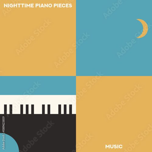 Piano. Musical poster for your design. Music elements design for card, invitation, flyer. Music background vector illustration. Music piano keyboard. Crescent symbol.