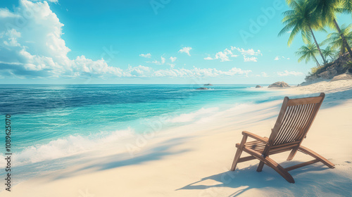 A wooden beach chair is sitting on the sand near the ocean