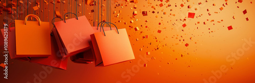 Bright orange shopping bags hang against vibrant background, creating festive atmosphere perfect for clearance sale. design features scattered confetti, adding excitement