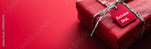 beautifully wrapped gift with red striped design and exclusive deal tag, perfect for special occasions. vibrant red background enhances festive feel