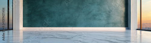 spacious interior with green textured wall and marble floor, perfect for showcasing art or furniture. large windows provide stunning view of city skyline at sunset