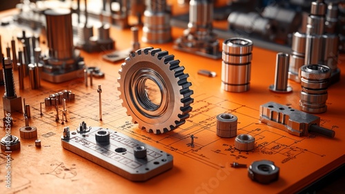 Mechanical parts and tools neatly arranged on orange background