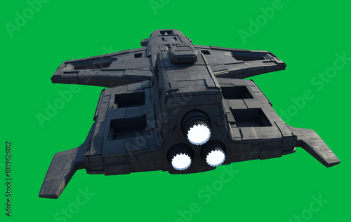 Medium Space Ship with Rear Mounted Cannon Turret on a Green Sceen Background, Rear View, 3d digitally rendered science fiction illustration