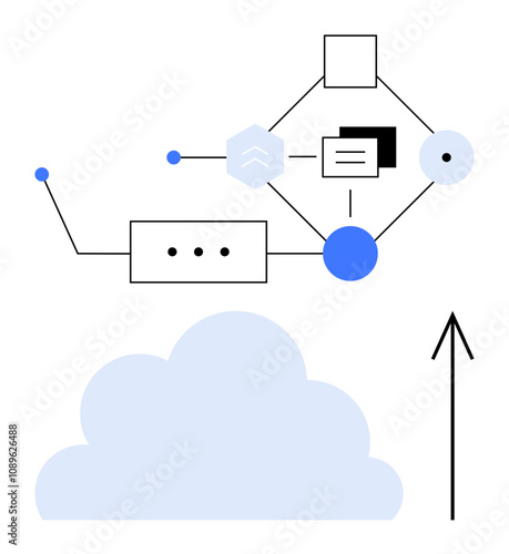 Cloud below geometric shapes connected by lines, with an upward pointing arrow. Ideal for cloud infrastructure, data integration, computing networks, digital transformation, tech illustrations