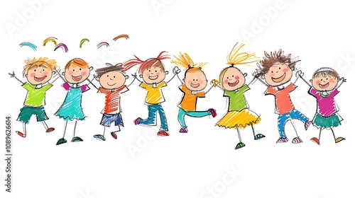 A cheerful illustration of children playing and celebrating together, showcasing joy and friendship.
