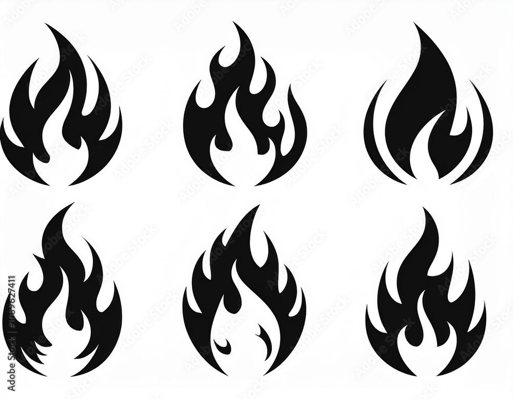 Set of Fireflame black white silhouette, contrast image isolated on white background Set of Fireflame black white silhouette, contrast image isolated on white background