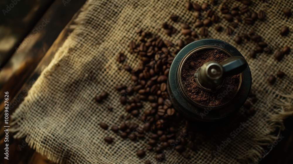 A coffee grinder on a burlap cloth with ground coffee and coffee beans scattered around. A coffee grinder on a burlap cloth with ground coffee and coffee beans scattered around.